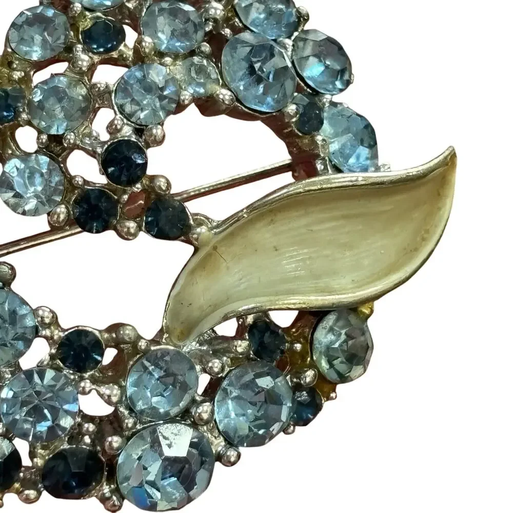 Vintage Mid Century BSK silver brooch lite dark blue rhinestones enamel finish